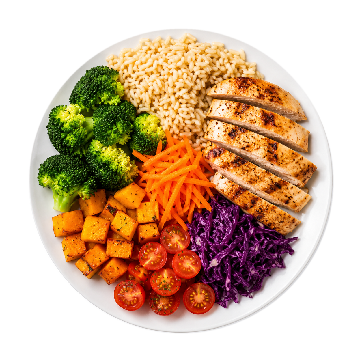 Prato saudável com frango, legumes e grãos